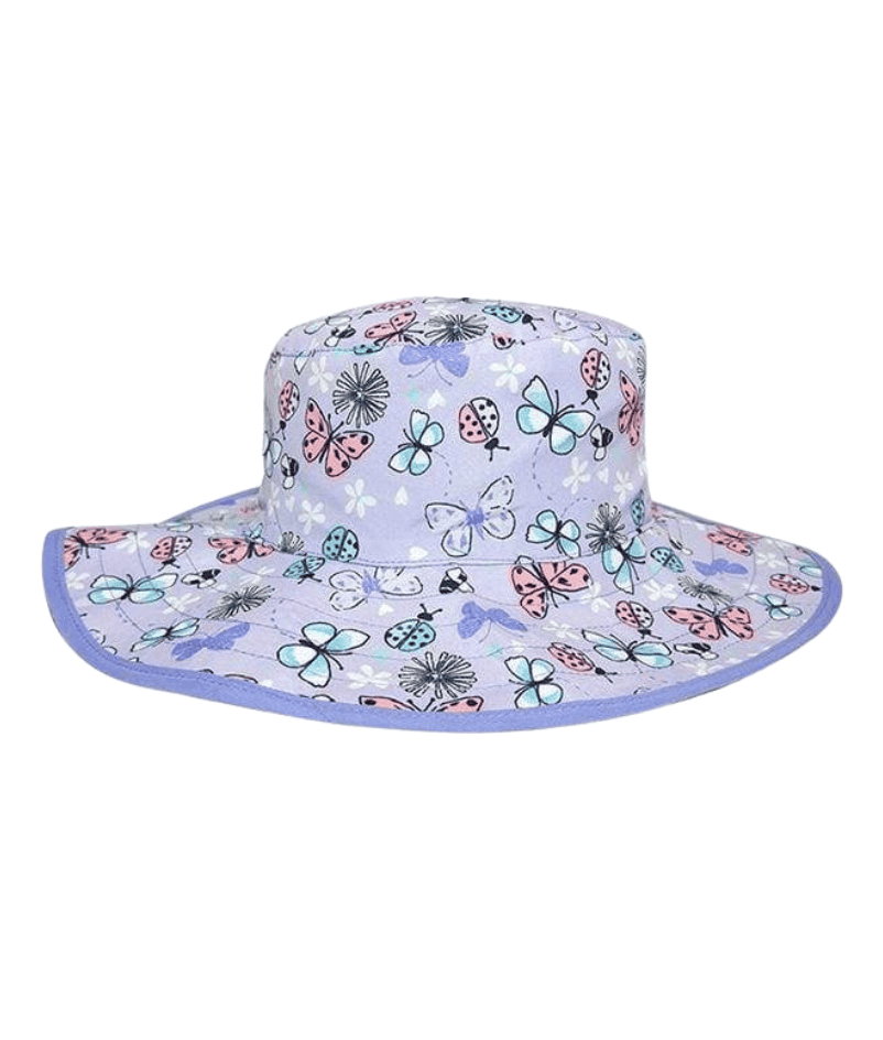 Reversible kids sun hats - Butterfly pattern with solid lilac underside. UPF 50+ sun protection
