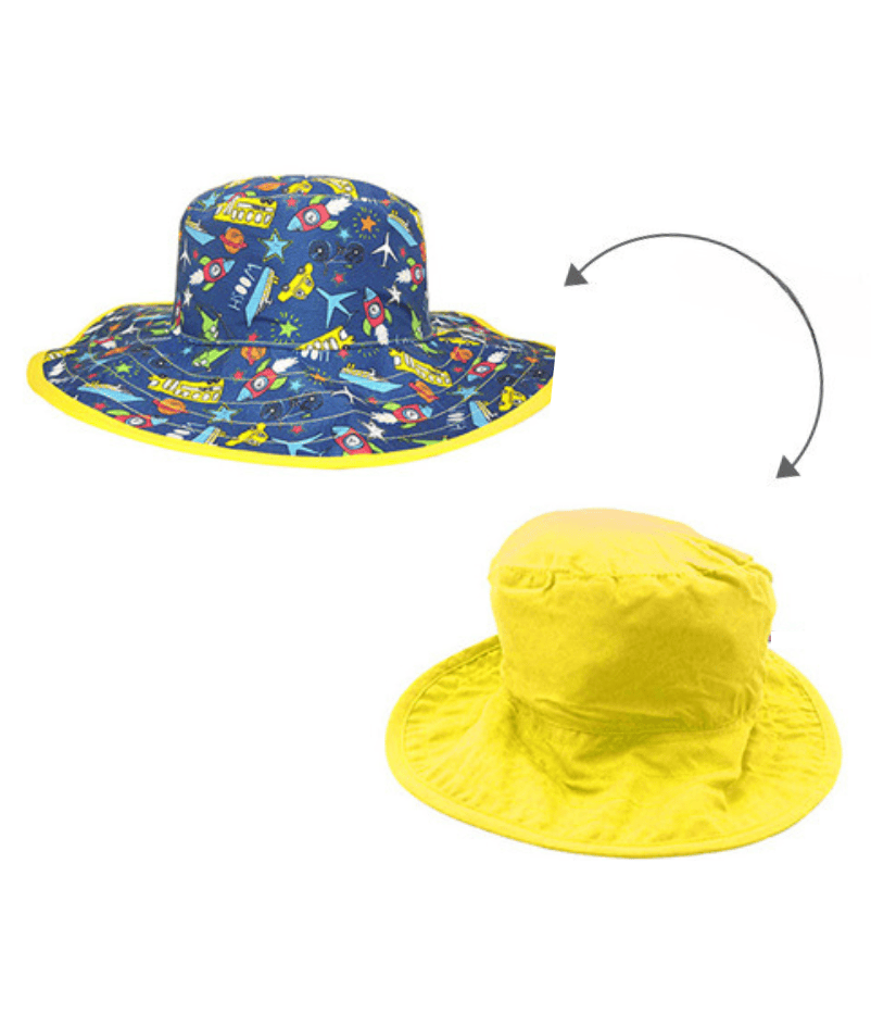 Reversible kids sun hats - Transport pattern with solid yellow underside. UPF 50+ sun protection