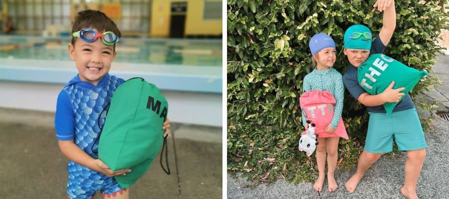 Children holding personalised swim bags for school swimming lessons: back to school organisation for kids