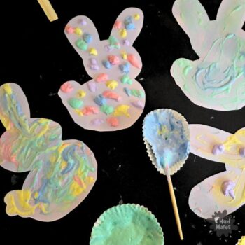 Puffy paint Easter bunny craft on card, decorated in pastel colours