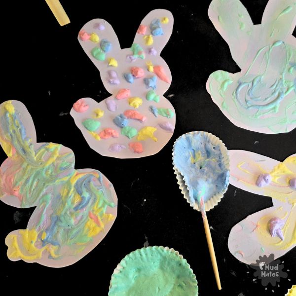 Puffy paint Easter bunny craft on card, decorated in pastel colours