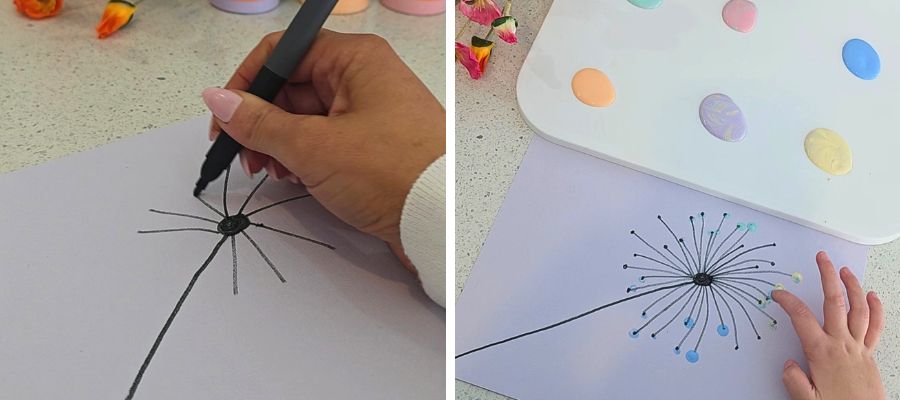 Adult drawing dandelion spokes on card and child pressing fingerprints onto a dandelion Mother's Day card