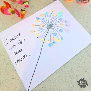 Finished fingerprint dandelion Mother's Day card with pastel coloured fingerprints and handwritten message reading I couldn't wish for a better mum
