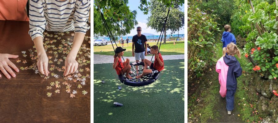 Fun & Free Kids Activities for the School Holidays: child & mum doing a puzzle, kids on a swing, children on nature scavenger hunt
