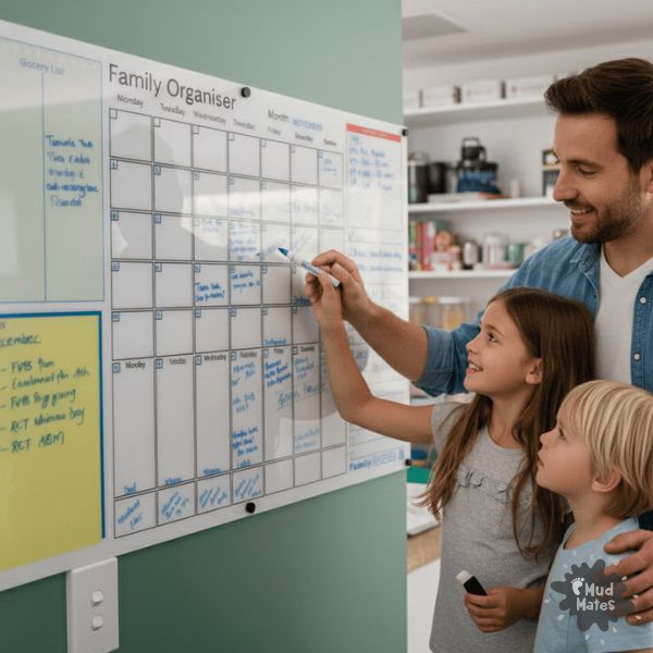 Family using a FamilySpaces organiser board to plan their week
