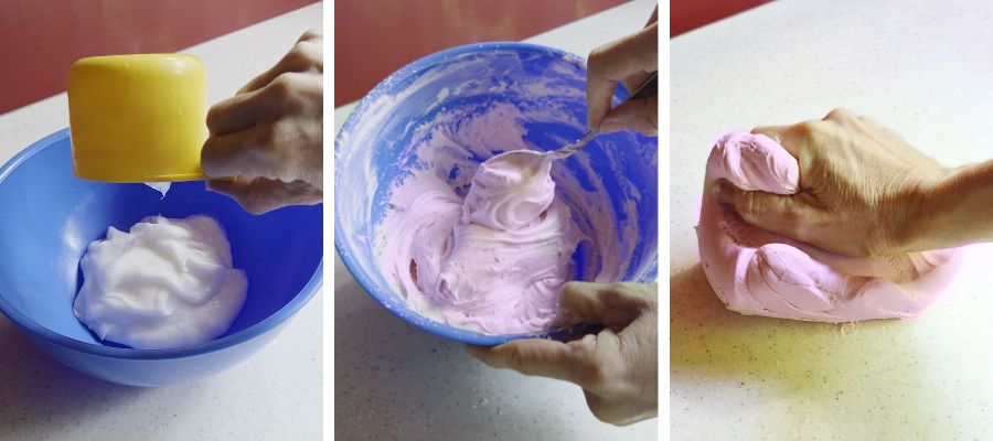 How to make cloud dough step by step - pouring conditioner, mixing in food colouring and kneading into soft pink dough