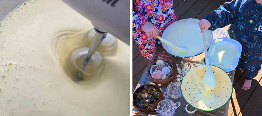 How to make whipped oobleck - electric beater whipping the mixture and kids pouring oobleck outdoors