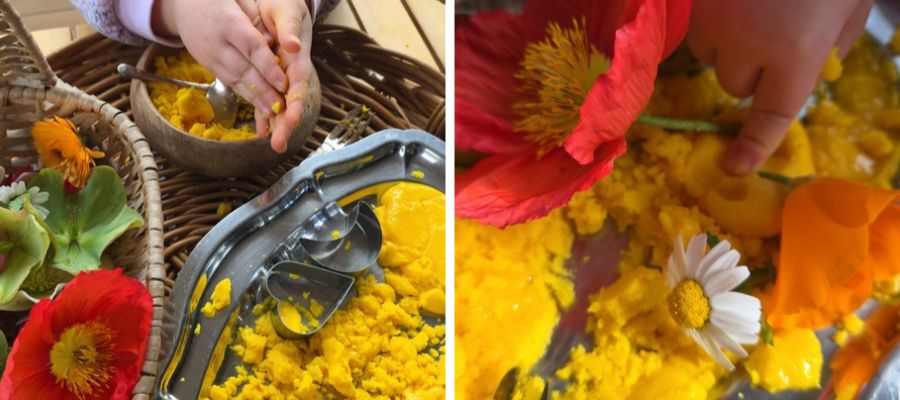 Child playing with homemade taste-safe kinetic sand in a sensory tray - molding and pouring the DIY kinetic sand