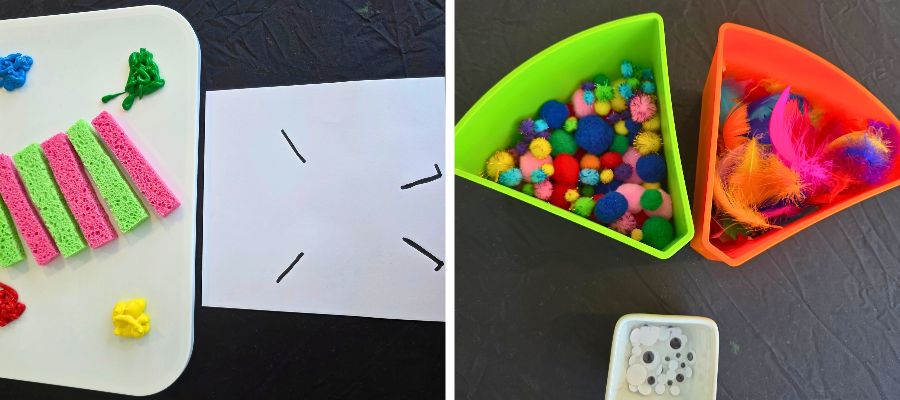 Halloween monster craft materials - pink sponge strips with cardstock template on left, and bowls of pom poms, feathers and googly eyes on right