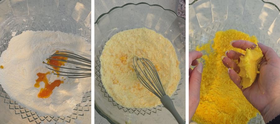 Step-by-step process of making taste-safe kinetic sand - whisking dry ingredients, adding colour, and kneading the yellow mixture